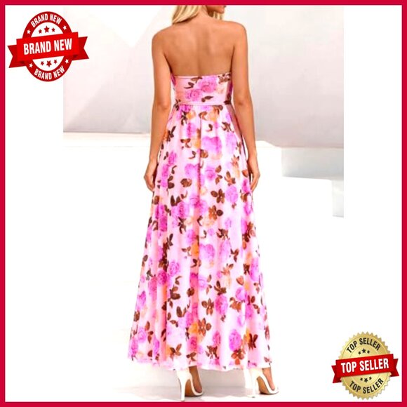 Strapless Maxi Dress Floral Tube Top Ruched Beach Wedding Guest Long - Picture 6 of 7